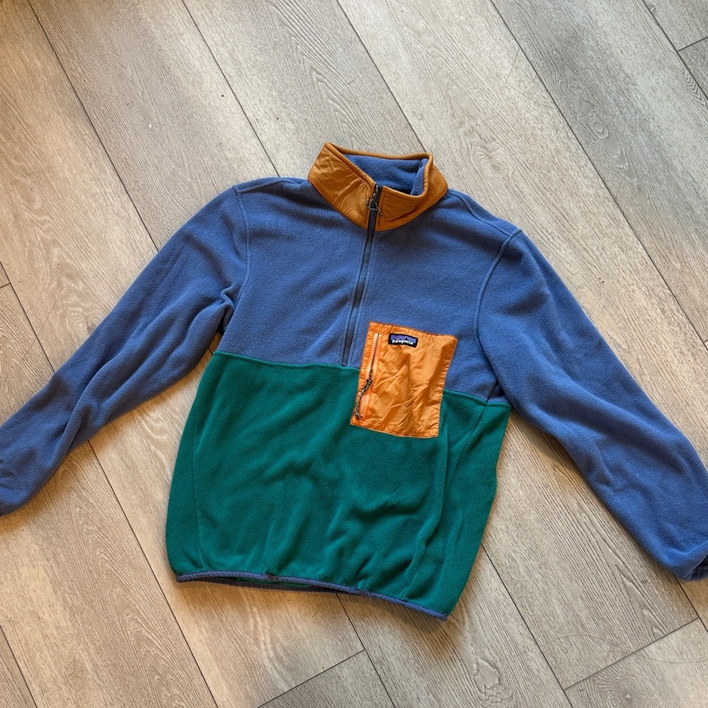 Patagonia Blue and Green Fleece with Orange Accents